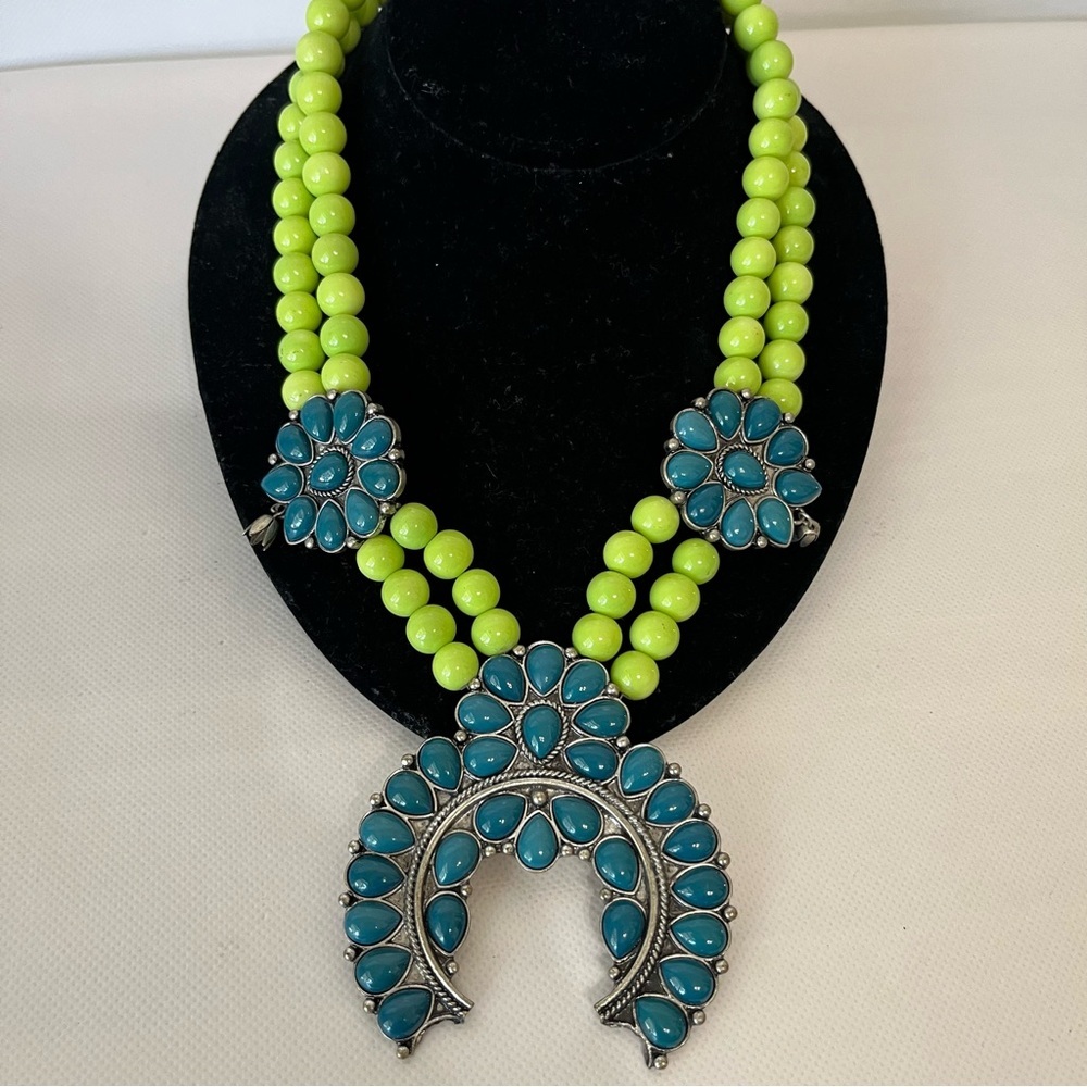 Gypsy Soule Faux Turquoise Lime Green Squash Blossom Necklace
